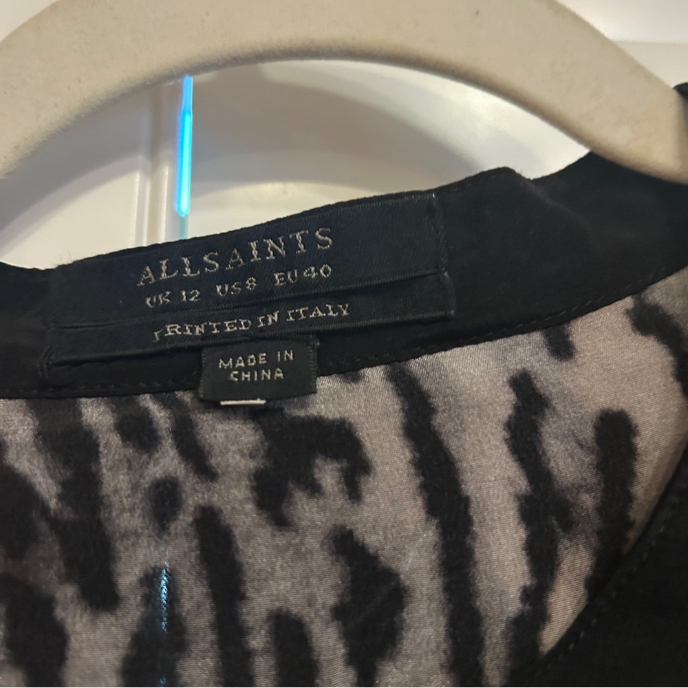 AllSaints Sanko Sinai Silk Shirt Dress Animal Print Leopard Print Black Grey 8 - Picture 6 of 9
